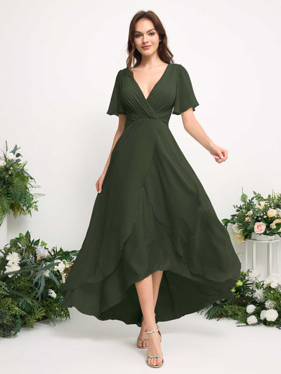 Carlyna A-Line Asymmetric Chiffon Maxi Dress | V-Neck Short Sleeve Bridesmaid & Wedding Guest Dress Side View 3 #color_martini-olive
