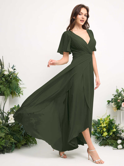 Carlyna A-Line Asymmetric Chiffon Maxi Dress | V-Neck Short Sleeve Bridesmaid & Wedding Guest Dress Side View 4 #color_martini-olive