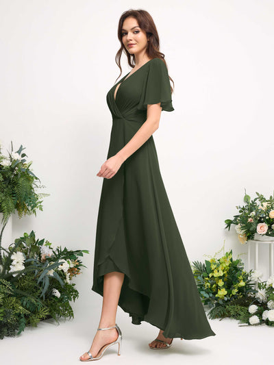 Carlyna A-Line Asymmetric Chiffon Maxi Dress | V-Neck Short Sleeve Bridesmaid & Wedding Guest Dress Side View 5 #color_martini-olive