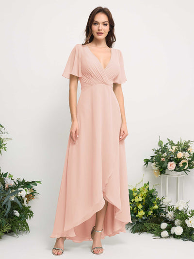 Carlyna A-Line Asymmetric Chiffon Maxi Dress | V-Neck Short Sleeve Bridesmaid & Wedding Guest Dress Front View #color_pearl-pink