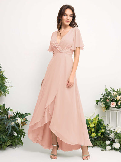 Carlyna A-Line Asymmetric Chiffon Maxi Dress | V-Neck Short Sleeve Bridesmaid & Wedding Guest Dress Side View 2 #color_pearl-pink