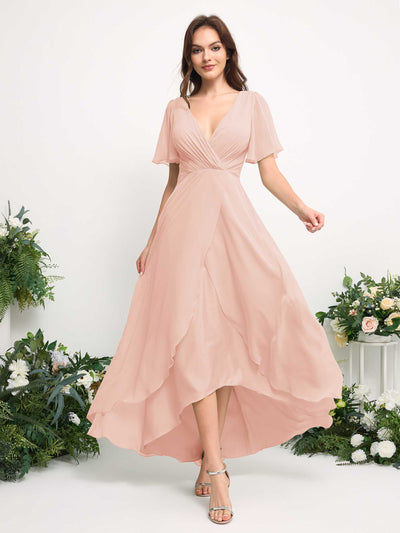 Carlyna A-Line Asymmetric Chiffon Maxi Dress | V-Neck Short Sleeve Bridesmaid & Wedding Guest Dress Side View 3 #color_pearl-pink