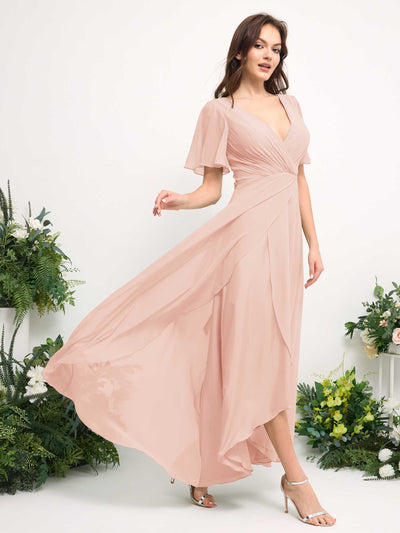 Carlyna A-Line Asymmetric Chiffon Maxi Dress | V-Neck Short Sleeve Bridesmaid & Wedding Guest Dress Side View 4 #color_pearl-pink