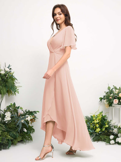 Carlyna A-Line Asymmetric Chiffon Maxi Dress | V-Neck Short Sleeve Bridesmaid & Wedding Guest Dress Side View 5 #color_pearl-pink