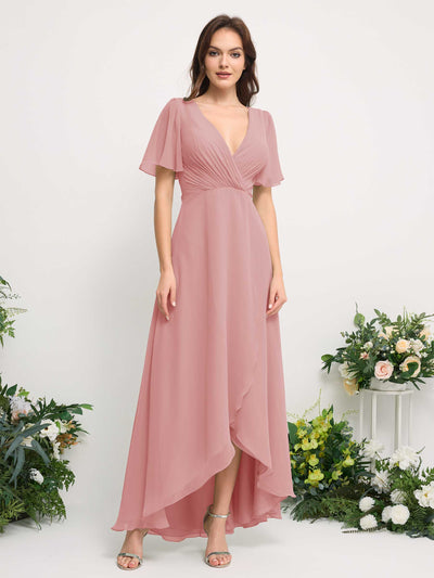 Carlyna A-Line Asymmetric Chiffon Maxi Dress | V-Neck Short Sleeve Bridesmaid & Wedding Guest Dress Front View #color_dusty-rose