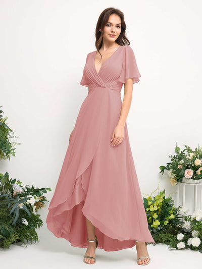 Carlyna A-Line Asymmetric Chiffon Maxi Dress | V-Neck Short Sleeve Bridesmaid & Wedding Guest Dress Side View 2 #color_dusty-rose