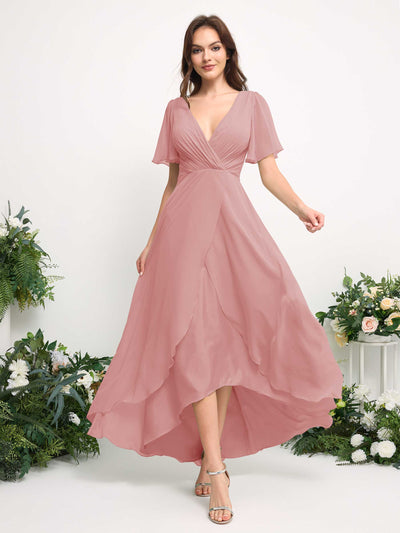 Carlyna A-Line Asymmetric Chiffon Maxi Dress | V-Neck Short Sleeve Bridesmaid & Wedding Guest Dress Side View 3 #color_dusty-rose