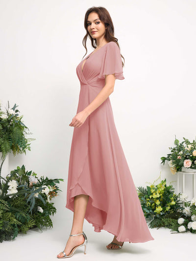 Carlyna A-Line Asymmetric Chiffon Maxi Dress | V-Neck Short Sleeve Bridesmaid & Wedding Guest Dress Side View 5 #color_dusty-rose