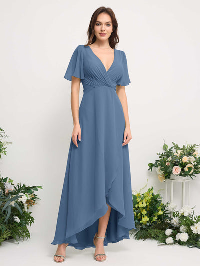 Carlyna A-Line Asymmetric Chiffon Maxi Dress | V-Neck Short Sleeve Bridesmaid & Wedding Guest Dress Front View #color_dusty-blue