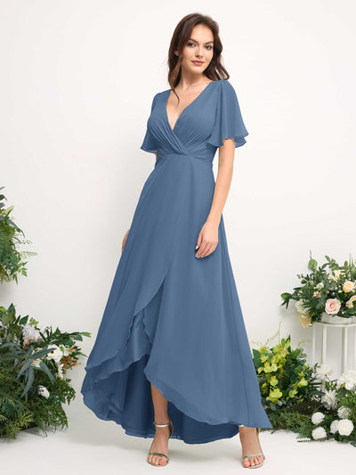 Carlyna A-Line Asymmetric Chiffon Maxi Dress | V-Neck Short Sleeve Bridesmaid & Wedding Guest Dress Side View 2 #color_dusty-blue