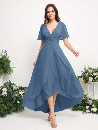 Carlyna A-Line Asymmetric Chiffon Maxi Dress | V-Neck Short Sleeve Bridesmaid & Wedding Guest Dress Side View 3 #color_dusty-blue