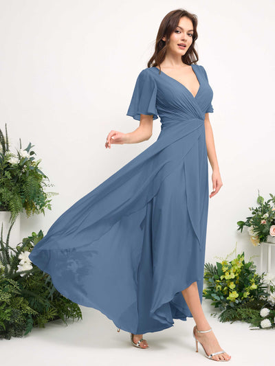 Carlyna A-Line Asymmetric Chiffon Maxi Dress | V-Neck Short Sleeve Bridesmaid & Wedding Guest Dress Side View 4 #color_dusty-blue