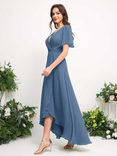 Carlyna A-Line Asymmetric Chiffon Maxi Dress | V-Neck Short Sleeve Bridesmaid & Wedding Guest Dress Side View 5 #color_dusty-blue