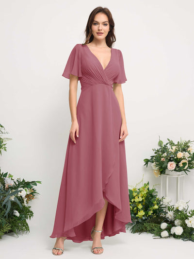 Carlyna A-Line Asymmetric Chiffon Maxi Dress | V-Neck Short Sleeve Bridesmaid & Wedding Guest Dress Front View #color_desert-rose
