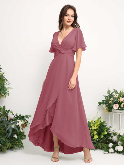 Carlyna A-Line Asymmetric Chiffon Maxi Dress | V-Neck Short Sleeve Bridesmaid & Wedding Guest Dress Side View 2 #color_desert-rose