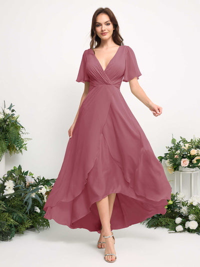 Carlyna A-Line Asymmetric Chiffon Maxi Dress | V-Neck Short Sleeve Bridesmaid & Wedding Guest Dress Side View 3 #color_desert-rose