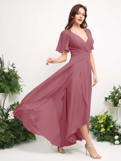 Carlyna A-Line Asymmetric Chiffon Maxi Dress | V-Neck Short Sleeve Bridesmaid & Wedding Guest Dress Side View 4 #color_desert-rose