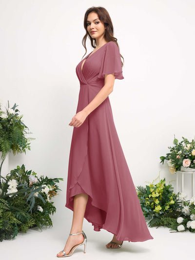 Carlyna A-Line Asymmetric Chiffon Maxi Dress | V-Neck Short Sleeve Bridesmaid & Wedding Guest Dress Side View 5 #color_desert-rose