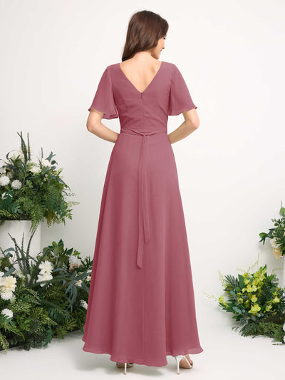 Carlyna A-Line Asymmetric Chiffon Maxi Dress | V-Neck Short Sleeve Bridesmaid & Wedding Guest Dress Back View #color_desert-rose