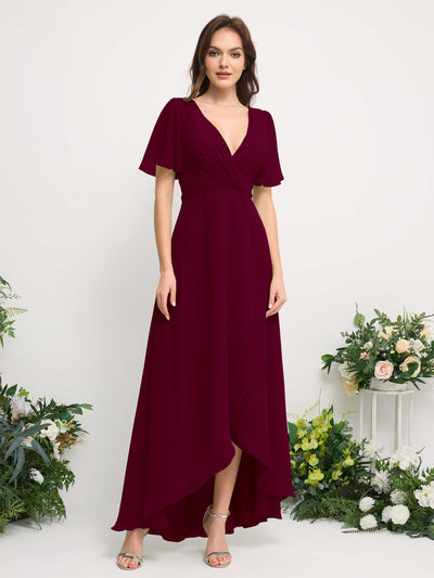 Carlyna A-Line Asymmetric Chiffon Maxi Dress | V-Neck Short Sleeve Bridesmaid & Wedding Guest Dress Front View #color_burgundy