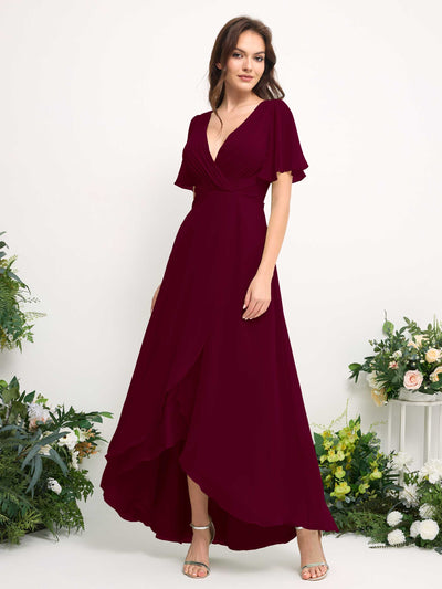 Carlyna A-Line Asymmetric Chiffon Maxi Dress | V-Neck Short Sleeve Bridesmaid & Wedding Guest Dress Side View 2 #color_burgundy
