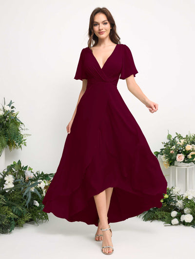 Carlyna A-Line Asymmetric Chiffon Maxi Dress | V-Neck Short Sleeve Bridesmaid & Wedding Guest Dress Side View 3 #color_burgundy