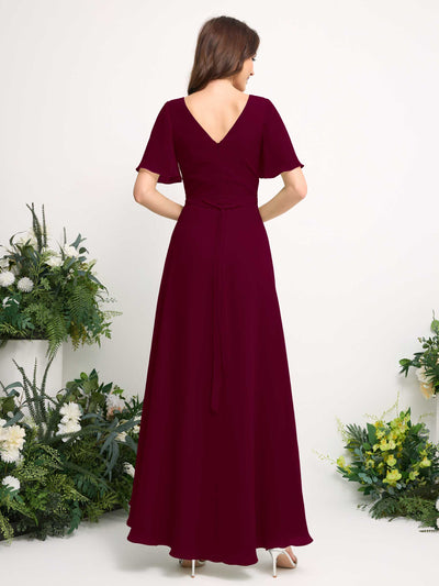 Carlyna A-Line Asymmetric Chiffon Maxi Dress | V-Neck Short Sleeve Bridesmaid & Wedding Guest Dress Back View #color_burgundy