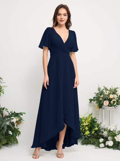 Carlyna A-Line Asymmetric Chiffon Maxi Dress | V-Neck Short Sleeve Bridesmaid & Wedding Guest Dress Front View #color_navy