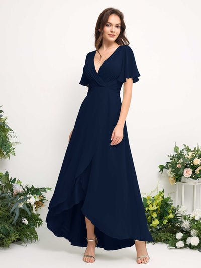 Carlyna A-Line Asymmetric Chiffon Maxi Dress | V-Neck Short Sleeve Bridesmaid & Wedding Guest Dress Side View 2 #color_navy