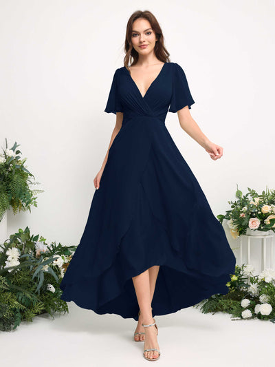 Carlyna A-Line Asymmetric Chiffon Maxi Dress | V-Neck Short Sleeve Bridesmaid & Wedding Guest Dress Side View 3 #color_navy