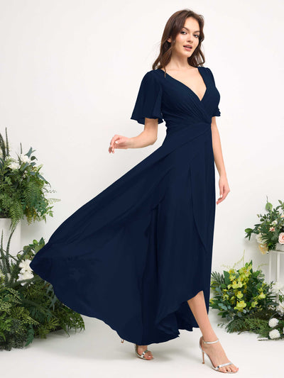 Carlyna A-Line Asymmetric Chiffon Maxi Dress | V-Neck Short Sleeve Bridesmaid & Wedding Guest Dress Side View 4 #color_navy