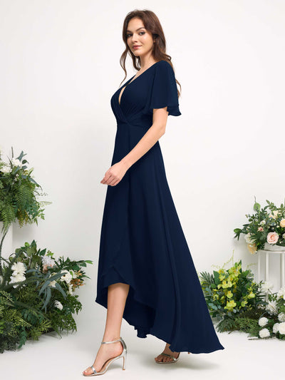 Carlyna A-Line Asymmetric Chiffon Maxi Dress | V-Neck Short Sleeve Bridesmaid & Wedding Guest Dress Side View 5 #color_navy