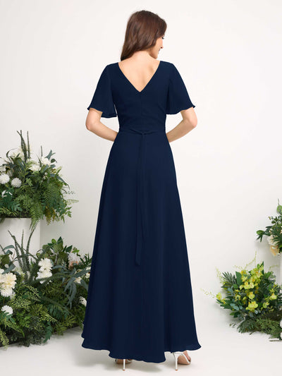 Carlyna A-Line Asymmetric Chiffon Maxi Dress | V-Neck Short Sleeve Bridesmaid & Wedding Guest Dress Back View #color_navy