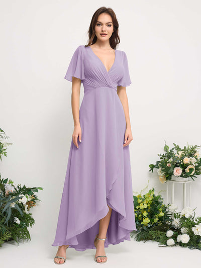 Carlyna A-Line Asymmetric Chiffon Maxi Dress | V-Neck Short Sleeve Bridesmaid & Wedding Guest Dress Front View #color_lilac