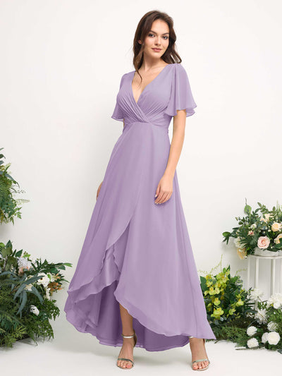 Carlyna A-Line Asymmetric Chiffon Maxi Dress | V-Neck Short Sleeve Bridesmaid & Wedding Guest Dress Side View 2 #color_lilac