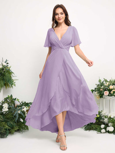 Carlyna A-Line Asymmetric Chiffon Maxi Dress | V-Neck Short Sleeve Bridesmaid & Wedding Guest Dress Side View 3 #color_lilac