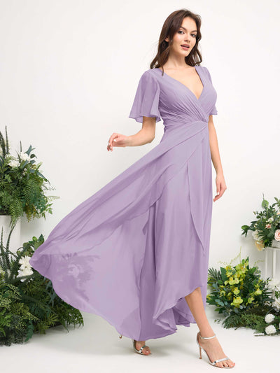 Carlyna A-Line Asymmetric Chiffon Maxi Dress | V-Neck Short Sleeve Bridesmaid & Wedding Guest Dress Side View 4 #color_lilac