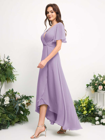 Carlyna A-Line Asymmetric Chiffon Maxi Dress | V-Neck Short Sleeve Bridesmaid & Wedding Guest Dress Side View 5 #color_lilac