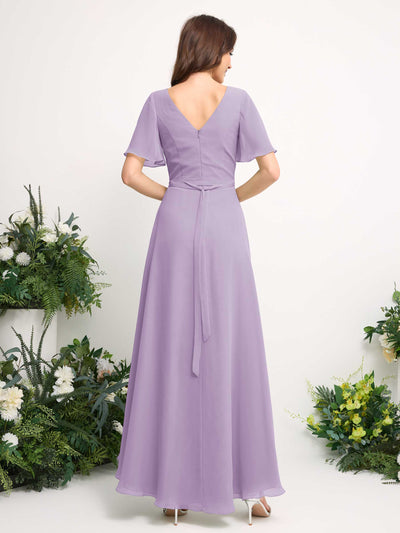 Carlyna A-Line Asymmetric Chiffon Maxi Dress | V-Neck Short Sleeve Bridesmaid & Wedding Guest Dress Back View #color_lilac