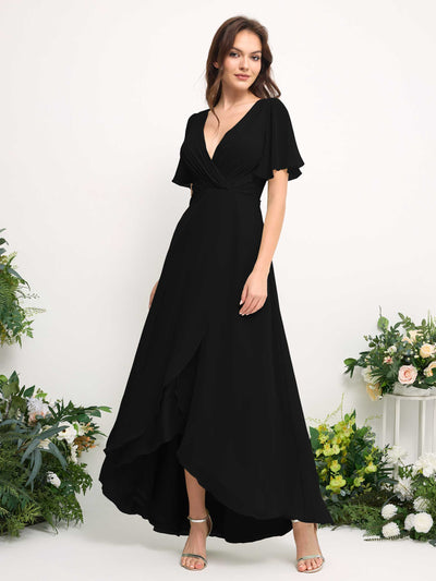 Carlyna A-Line Asymmetric Chiffon Maxi Dress | V-Neck Short Sleeve Bridesmaid & Wedding Guest Dress Side View 2 #color_black