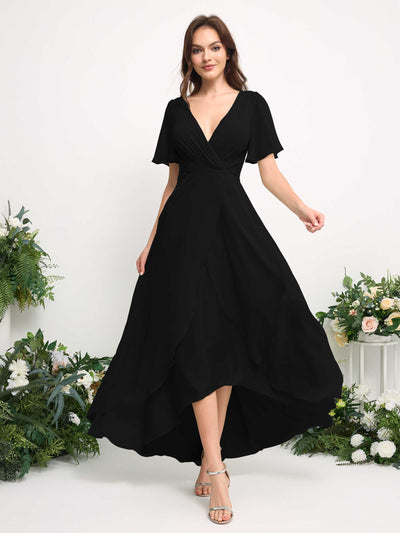 Carlyna A-Line Asymmetric Chiffon Maxi Dress | V-Neck Short Sleeve Bridesmaid & Wedding Guest Dress Side View 3 #color_black