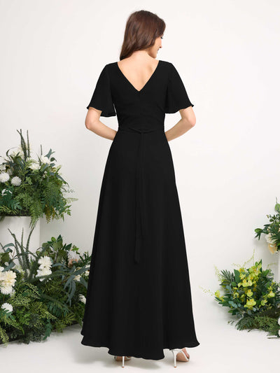 Carlyna A-Line Asymmetric Chiffon Maxi Dress | V-Neck Short Sleeve Bridesmaid & Wedding Guest Dress Back View #color_black