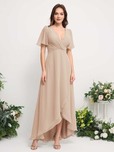 Carlyna A-Line Asymmetric Chiffon Maxi Dress | V-Neck Short Sleeve Bridesmaid & Wedding Guest Dress Front View #color_champagne