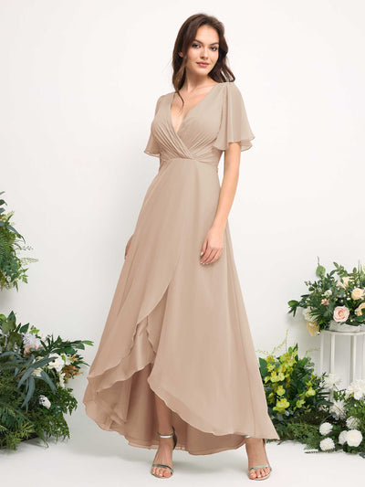 Carlyna A-Line Asymmetric Chiffon Maxi Dress | V-Neck Short Sleeve Bridesmaid & Wedding Guest Dress Side View 2 #color_champagne