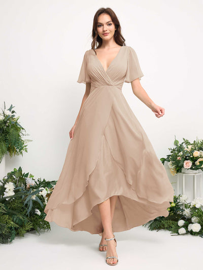 Carlyna A-Line Asymmetric Chiffon Maxi Dress | V-Neck Short Sleeve Bridesmaid & Wedding Guest Dress Side View 3 #color_champagne