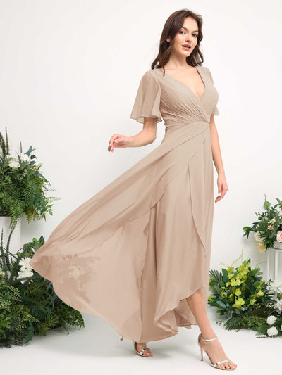 Carlyna A-Line Asymmetric Chiffon Maxi Dress | V-Neck Short Sleeve Bridesmaid & Wedding Guest Dress Side View 4 #color_champagne