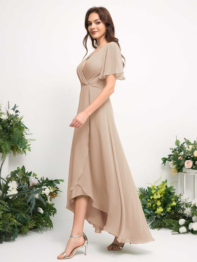 Carlyna A-Line Asymmetric Chiffon Maxi Dress | V-Neck Short Sleeve Bridesmaid & Wedding Guest Dress Side View 5 #color_champagne