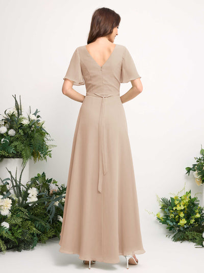 Carlyna A-Line Asymmetric Chiffon Maxi Dress | V-Neck Short Sleeve Bridesmaid & Wedding Guest Dress Back View #color_champagne