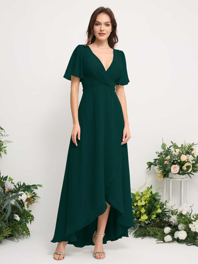 Carlyna A-Line Asymmetric Chiffon Maxi Dress | V-Neck Short Sleeve Bridesmaid & Wedding Guest Dress Front View #color_dark-emerald