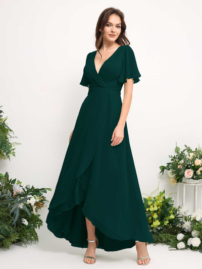 Carlyna A-Line Asymmetric Chiffon Maxi Dress | V-Neck Short Sleeve Bridesmaid & Wedding Guest Dress Side View 2 #color_dark-emerald